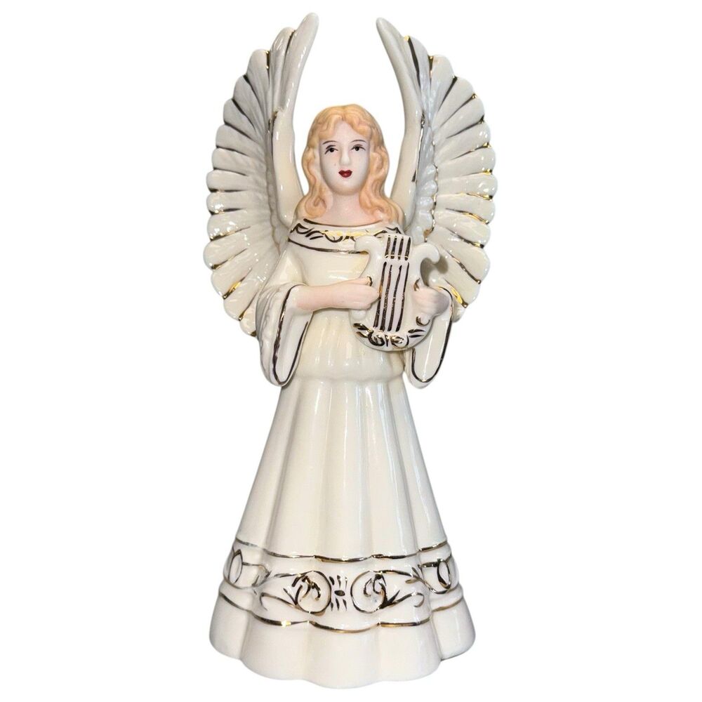 Vintage Christmas Holiday Porcelain Angel Candle Holder Playing‎ Harp 10”